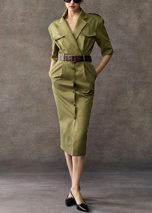 Original Army Green Notched Button Pockets Cotton Long Dress Summer