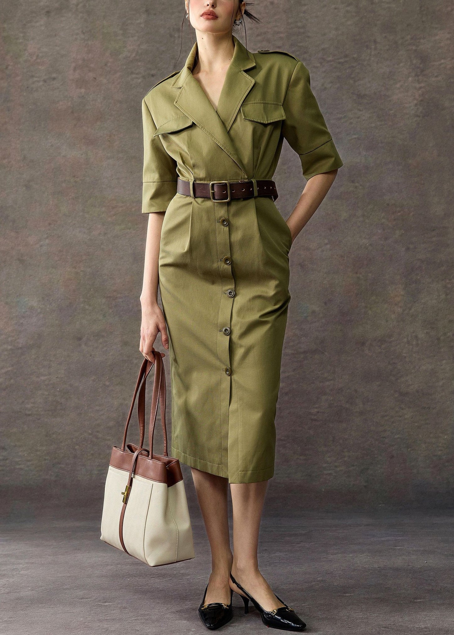 Original Army Green Notched Button Pockets Cotton Long Dress Summer