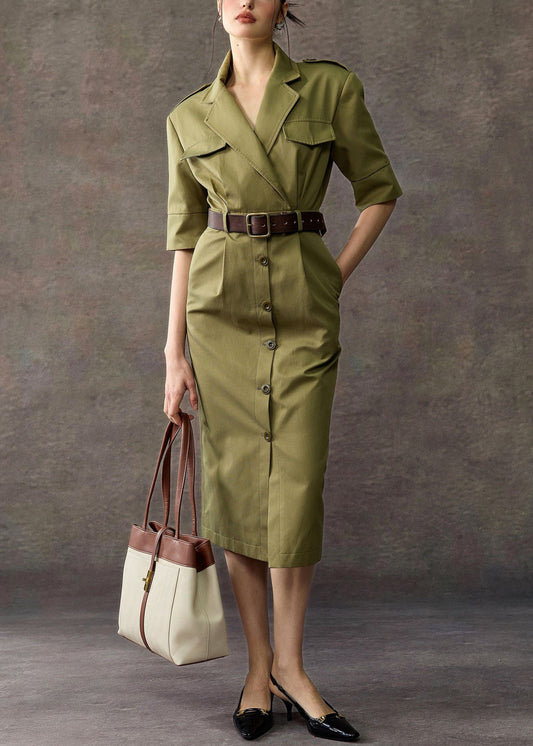Original Army Green Notched Button Pockets Cotton Long Dress Summer