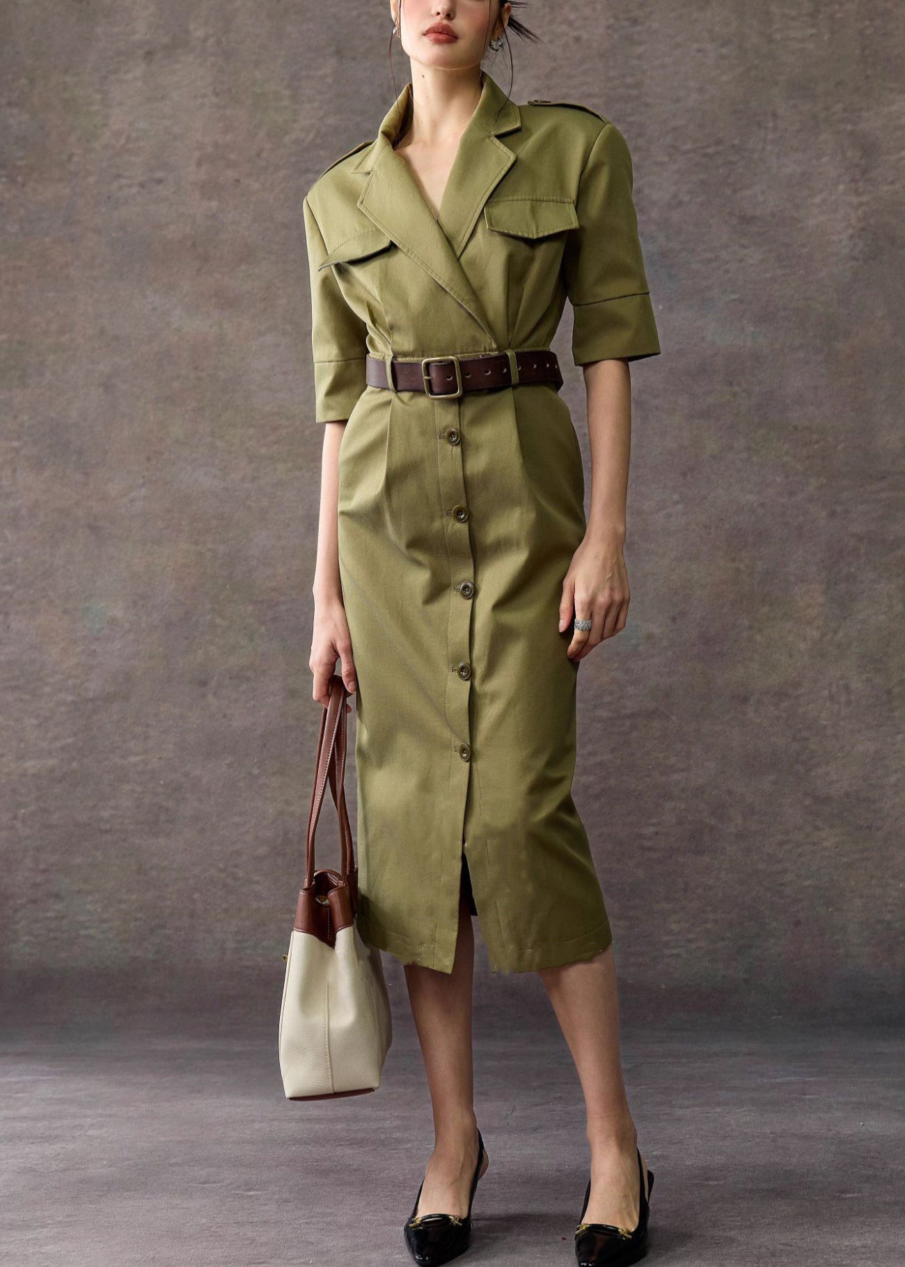 Original Army Green Notched Button Pockets Cotton Long Dress Summer