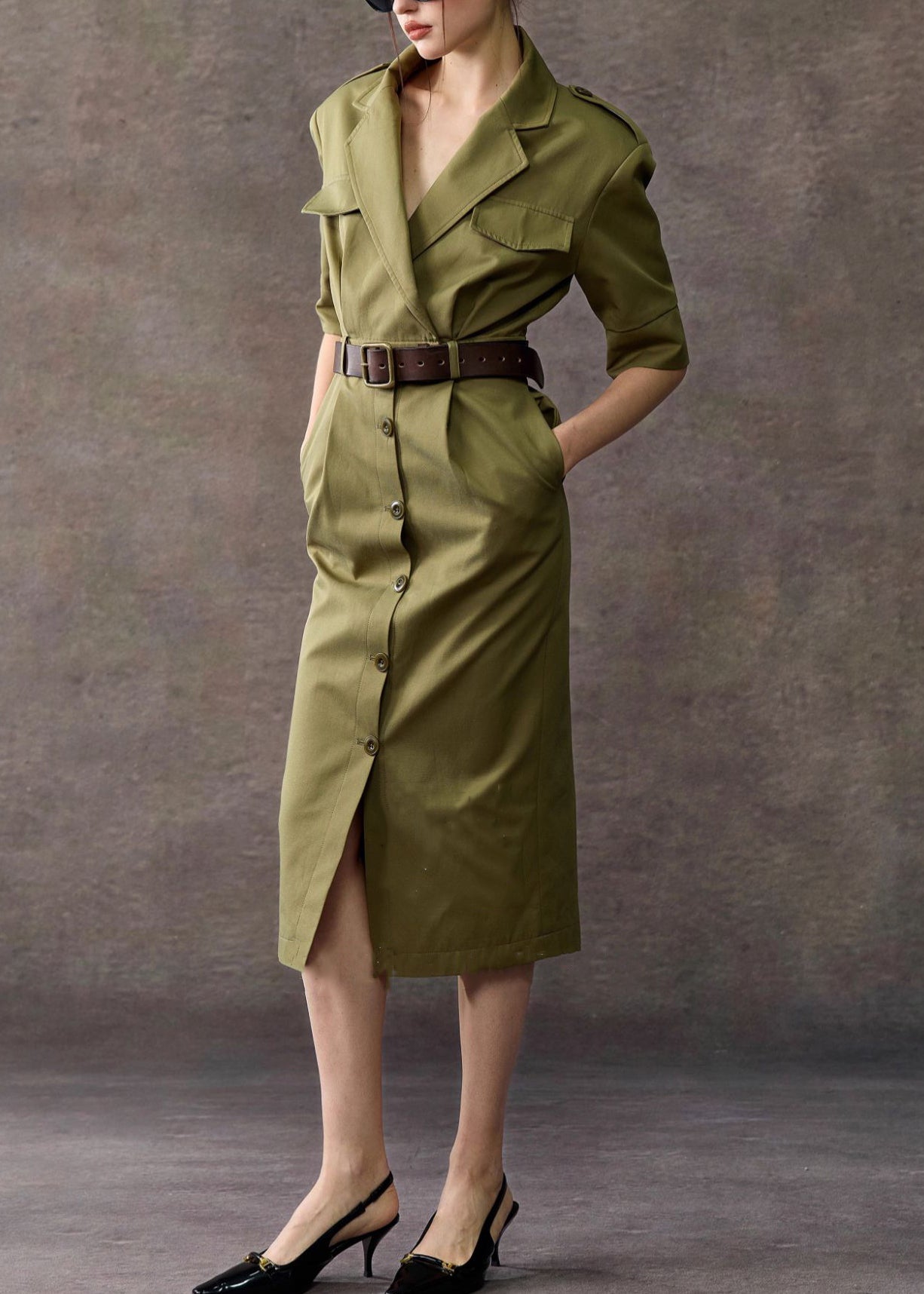 Original Army Green Notched Button Pockets Cotton Long Dress Summer