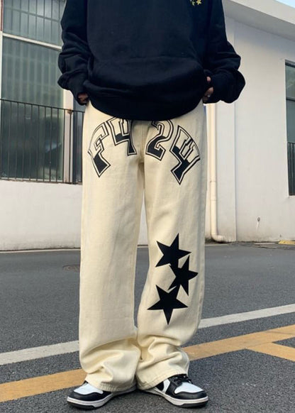 Original Beige Letter Five Pointed Star Print High Waist Denim Mens Pants Spring