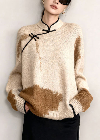 Original Beige Stand Collar Patchwork Knit Sweaters Winter
