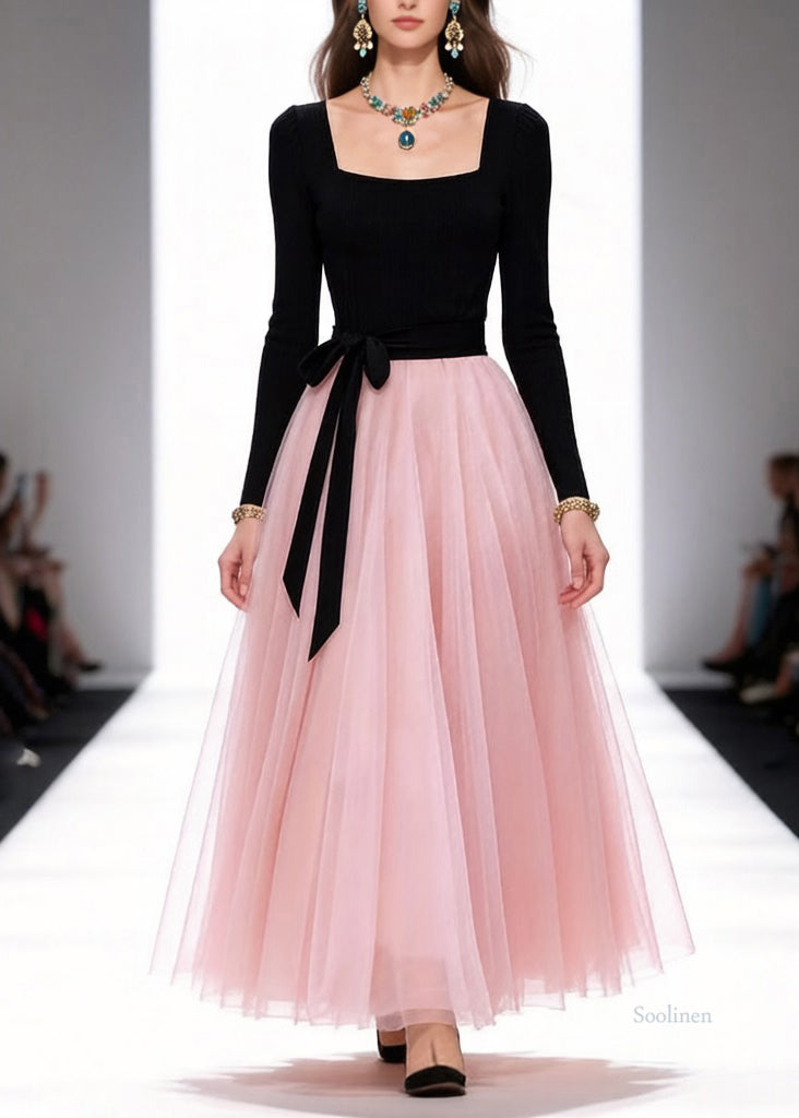 Original Black Square Collar Tie Waist Tulle Patchwork Long Dresses Spring