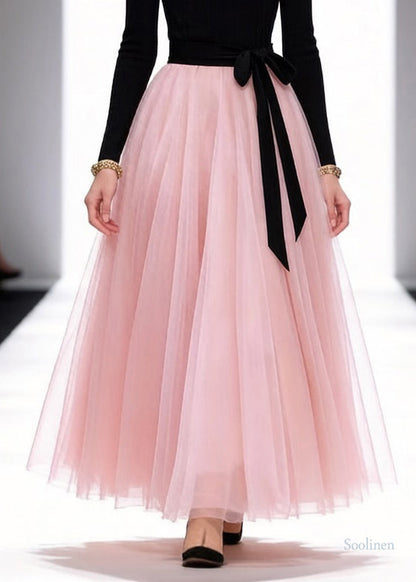 Original Black Square Collar Tie Waist Tulle Patchwork Long Dresses Spring