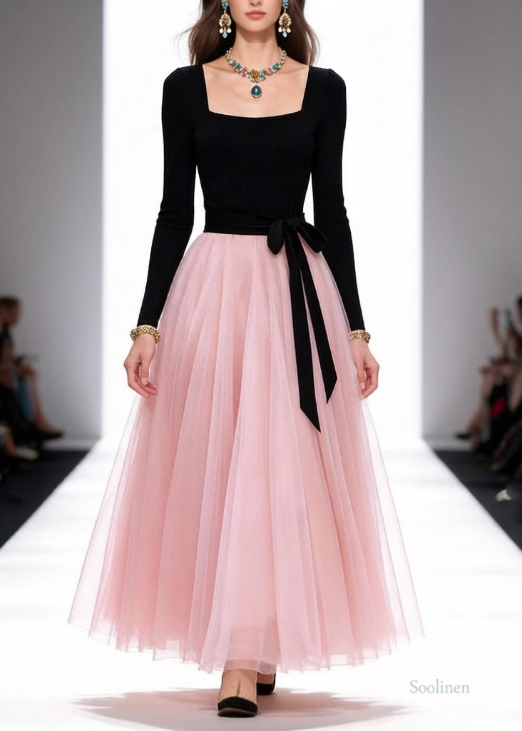 Original Black Square Collar Tie Waist Tulle Patchwork Long Dresses Spring