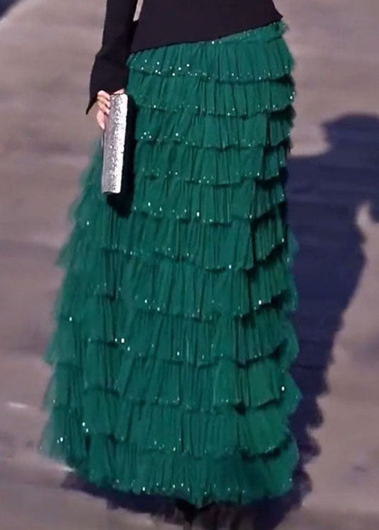 Original Blackish Green Layered Ruffled Patchwork Tulle Skirts Spring