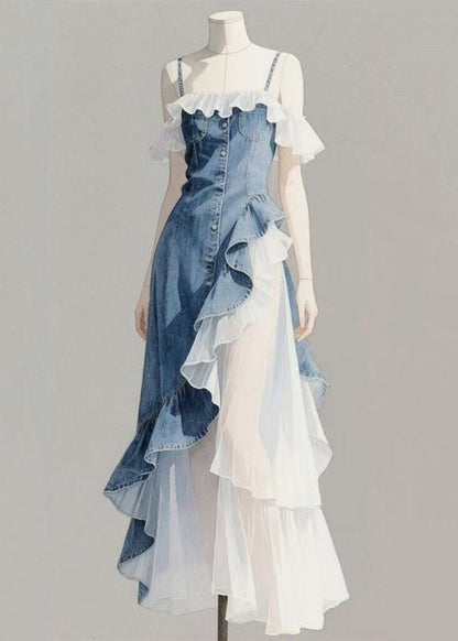Original Blue Asymmetrical Ruffled Patchwork Denim Spaghetti Strap Dress Sleeveless