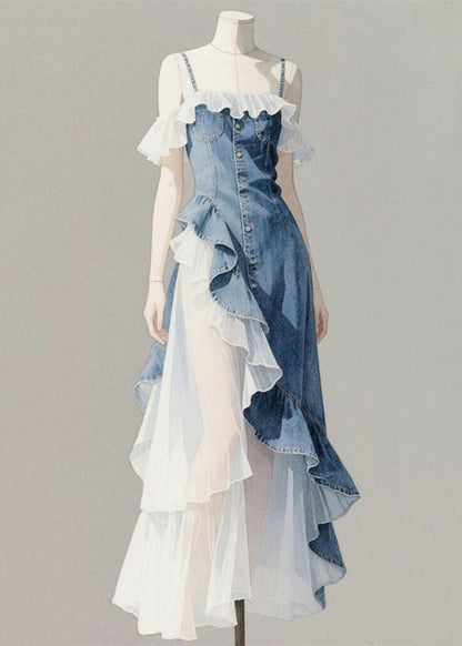 Original Blue Asymmetrical Ruffled Patchwork Denim Spaghetti Strap Dress Sleeveless