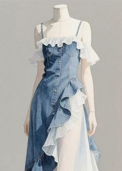 Original Blue Asymmetrical Ruffled Patchwork Denim Spaghetti Strap Dress Sleeveless