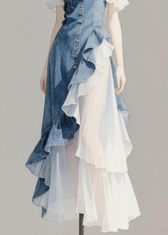 Original Blue Asymmetrical Ruffled Patchwork Denim Spaghetti Strap Dress Sleeveless