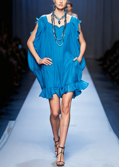 Original Blue Ruffled Pockets Solid Chiffon Mid Dress Summer