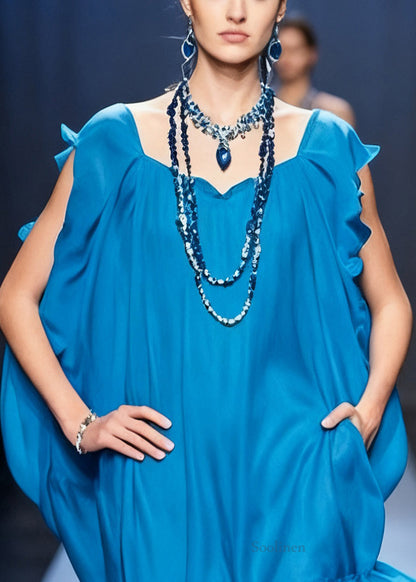 Original Blue Ruffled Pockets Solid Chiffon Mid Dress Summer