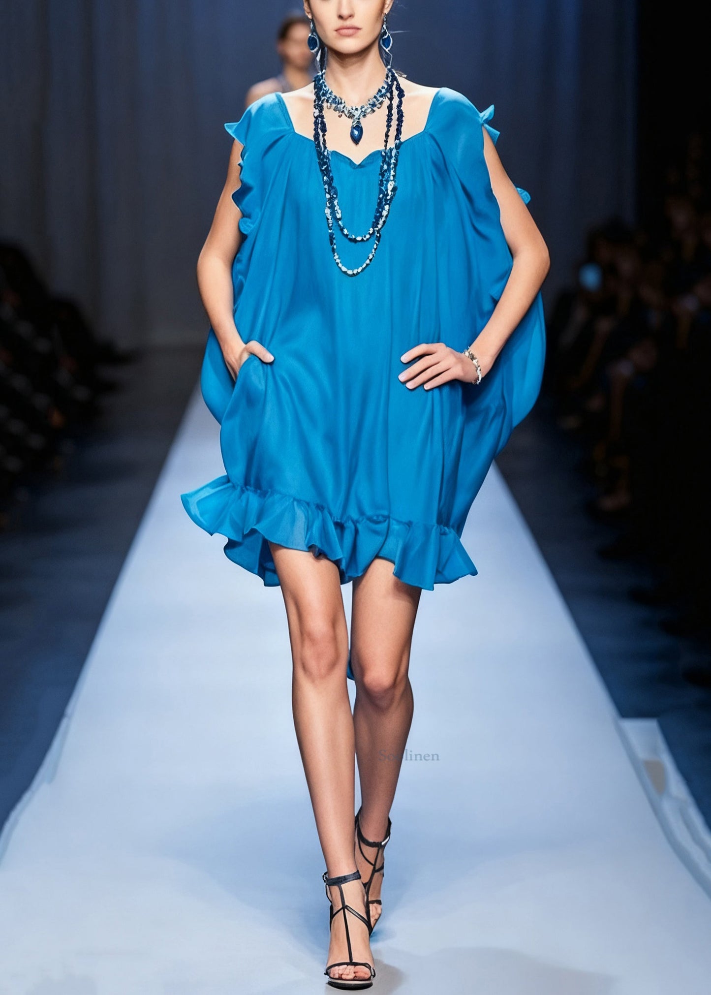 Original Blue Ruffled Pockets Solid Chiffon Mid Dress Summer