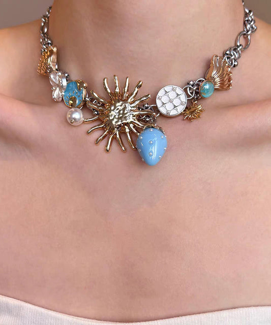 Original Blue Stainless Steel Strawberry Sun Pendant Necklace