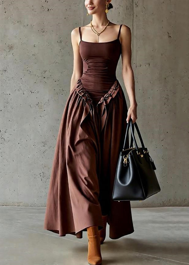 Original Brown Ruffled High Waist Patchwork Cotton Spaghetti Strap Dress Sleeveless