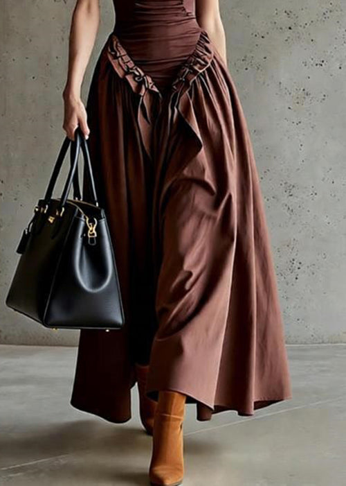 Original Brown Ruffled High Waist Patchwork Cotton Spaghetti Strap Dress Sleeveless