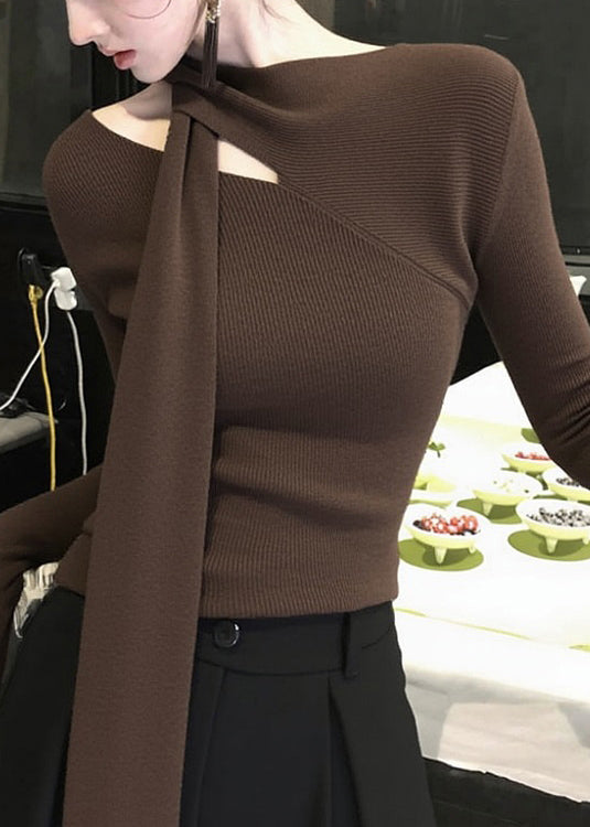 Suéter de punto calado con lazo de café original para primavera