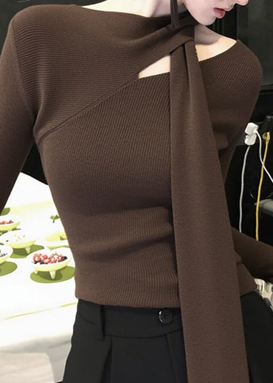 Suéter de punto calado con lazo de café original para primavera