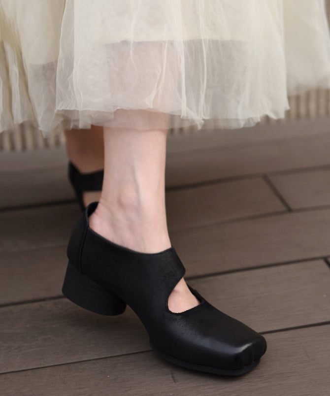 Original Coffee Chunky Heel Shoes 2025 New Cowhide Leather