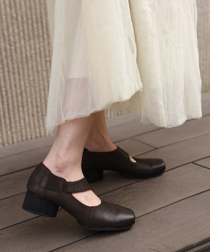 Original Coffee Chunky Heel Shoes 2025 New Cowhide Leather