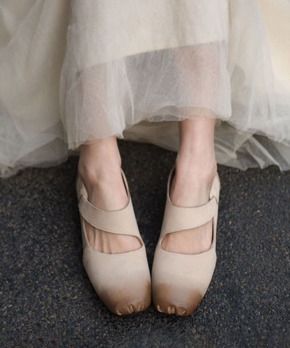 Original Coffee Chunky Heel Shoes 2025 New Cowhide Leather