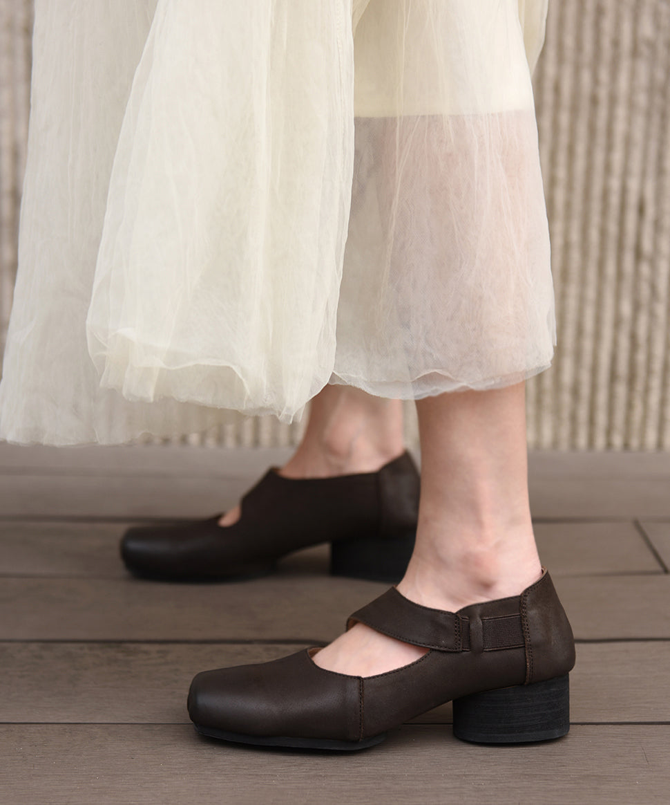 Original Coffee Chunky Heel Shoes 2025 New Cowhide Leather