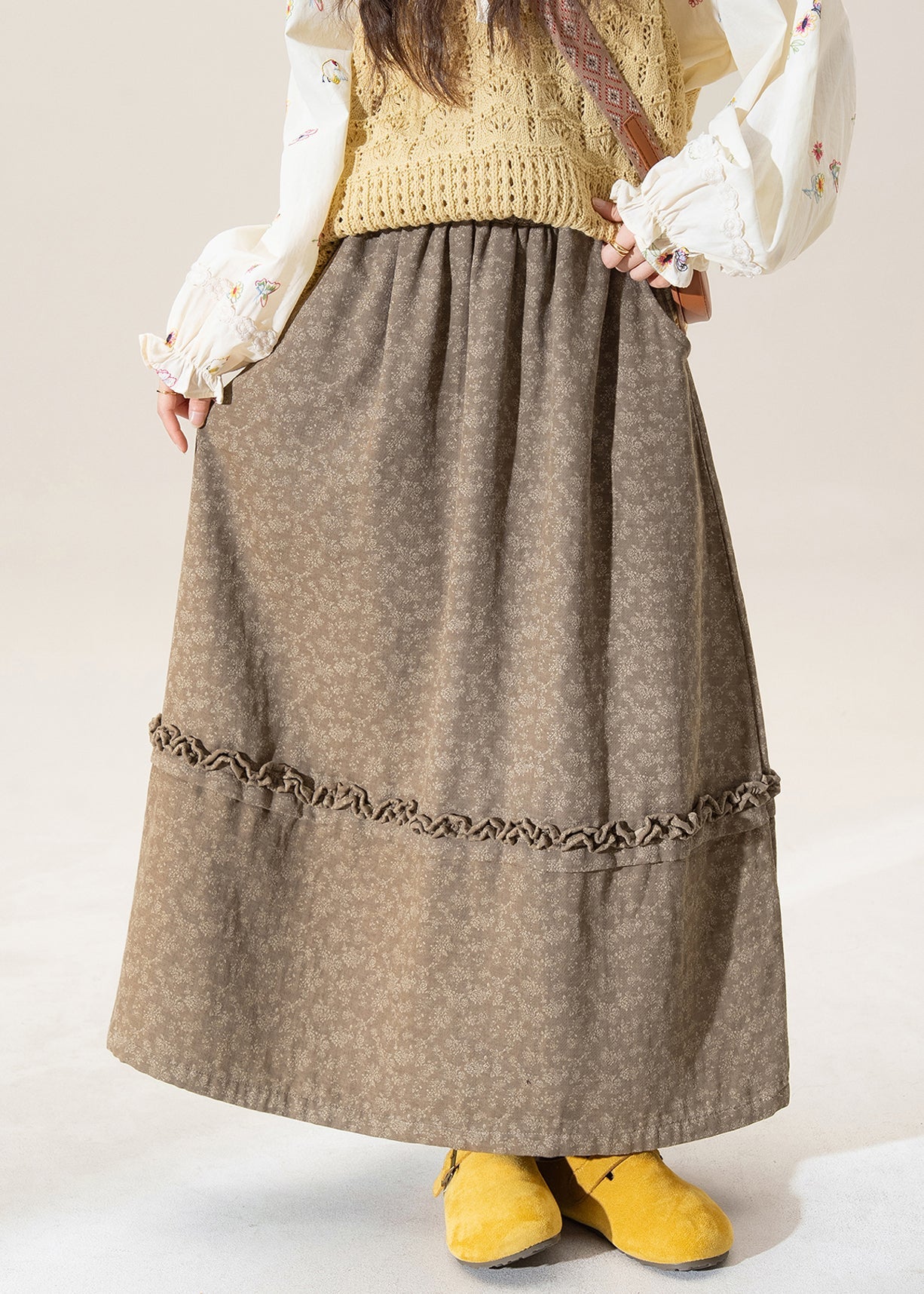 Falda de algodón patchwork con estampado de volantes y café original para invierno