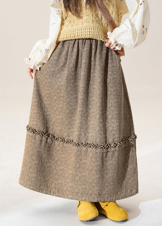 Originaler kaffeefarbener Rüschen-Patchwork-Baumwollrock mit Kaffeemuster für den Winter