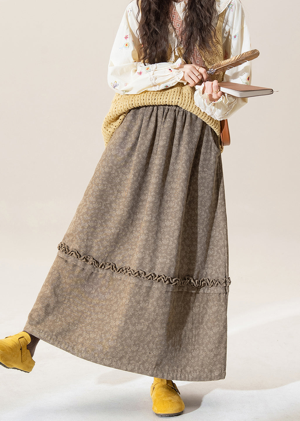 Falda de algodón patchwork con estampado de volantes y café original para invierno