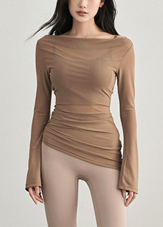 Original Coffee Slash Neck Wrinkled Tulle Yoga Top