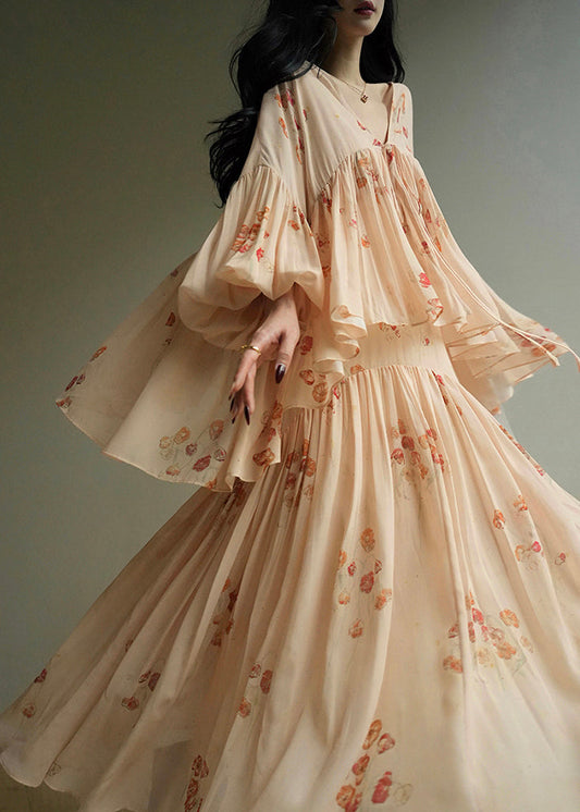 Original Design Apricot Print Chiffon Two Piece Suit Set Lantern Sleeve