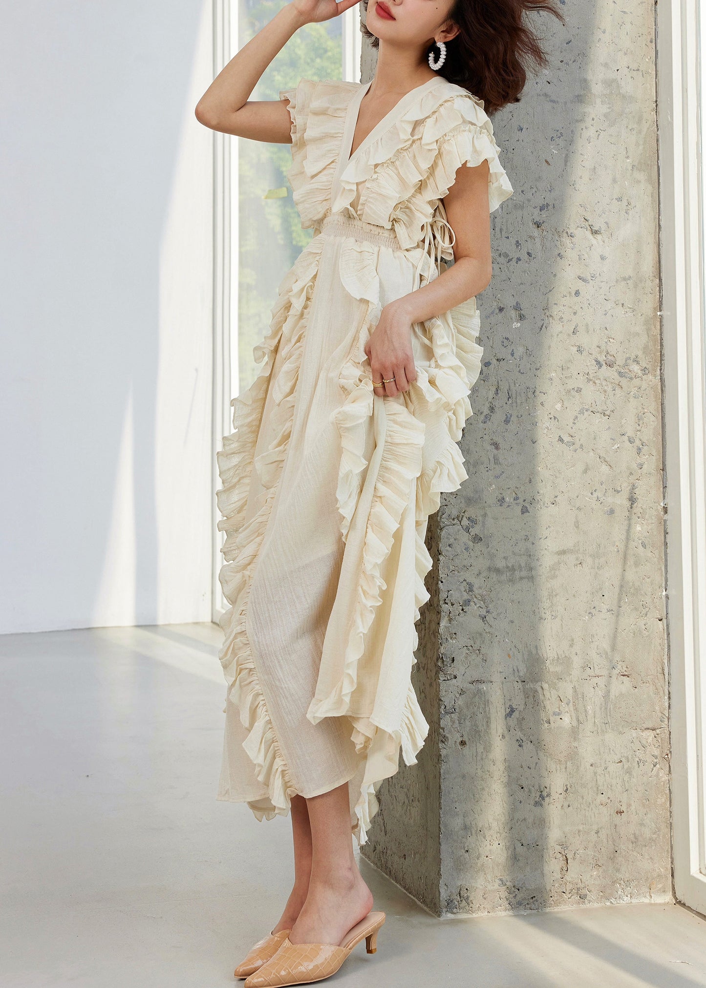 Original Design Beige Ruffled High Waist Cotton Long Dresses Summer