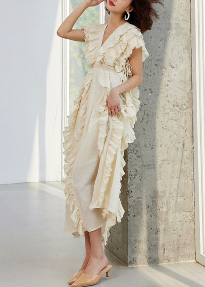 Original Design Beige Ruffled High Waist Cotton Long Dresses Summer