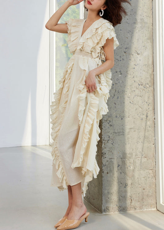Original Design Beige Ruffled High Waist Cotton Long Dresses Summer