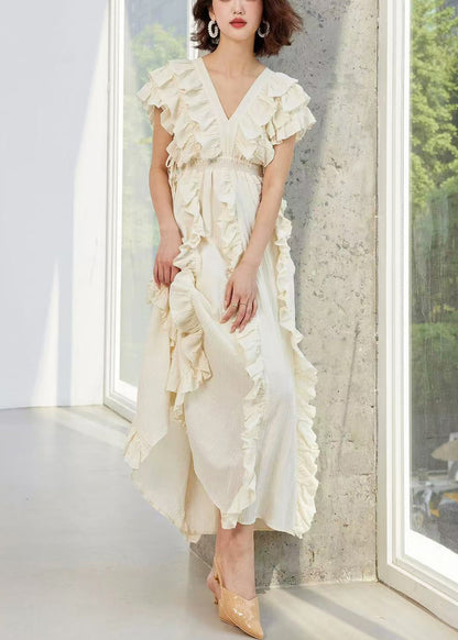 Original Design Beige Ruffled High Waist Cotton Long Dresses Summer