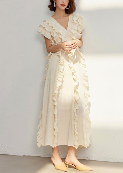 Original Design Beige Ruffled High Waist Cotton Long Dresses Summer