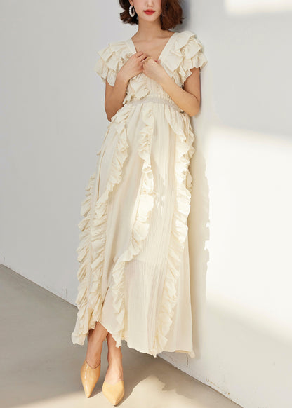 Original Design Beige Ruffled High Waist Cotton Long Dresses Summer