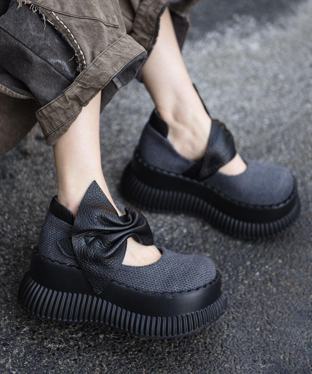 Original Design Black Bow Splicing Platform Heels Shoes