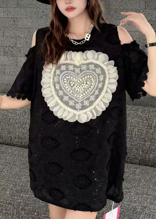 Original Design Black Cold Shoulder Love Embroidered Pearl Top Short Sleeve