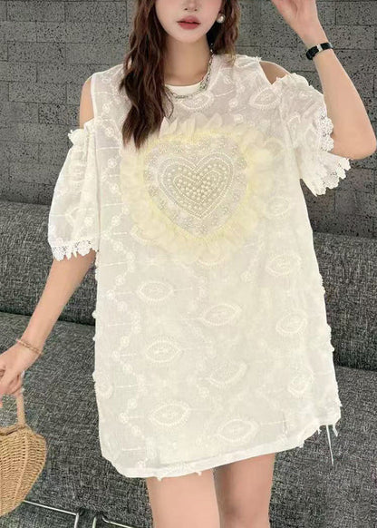 Original Design Black Cold Shoulder Love Embroidered Pearl Top Short Sleeve