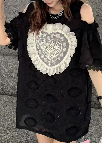 Original Design Black Cold Shoulder Love Embroidered Pearl Top Short Sleeve