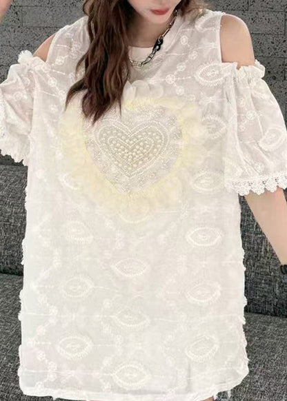 Original Design Black Cold Shoulder Love Embroidered Pearl Top Short Sleeve