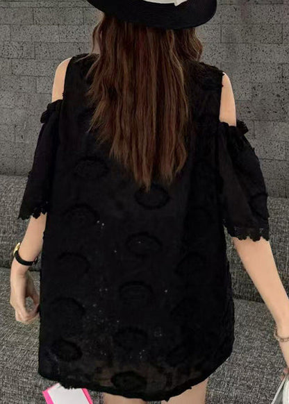 Original Design Black Cold Shoulder Love Embroidered Pearl Top Short Sleeve