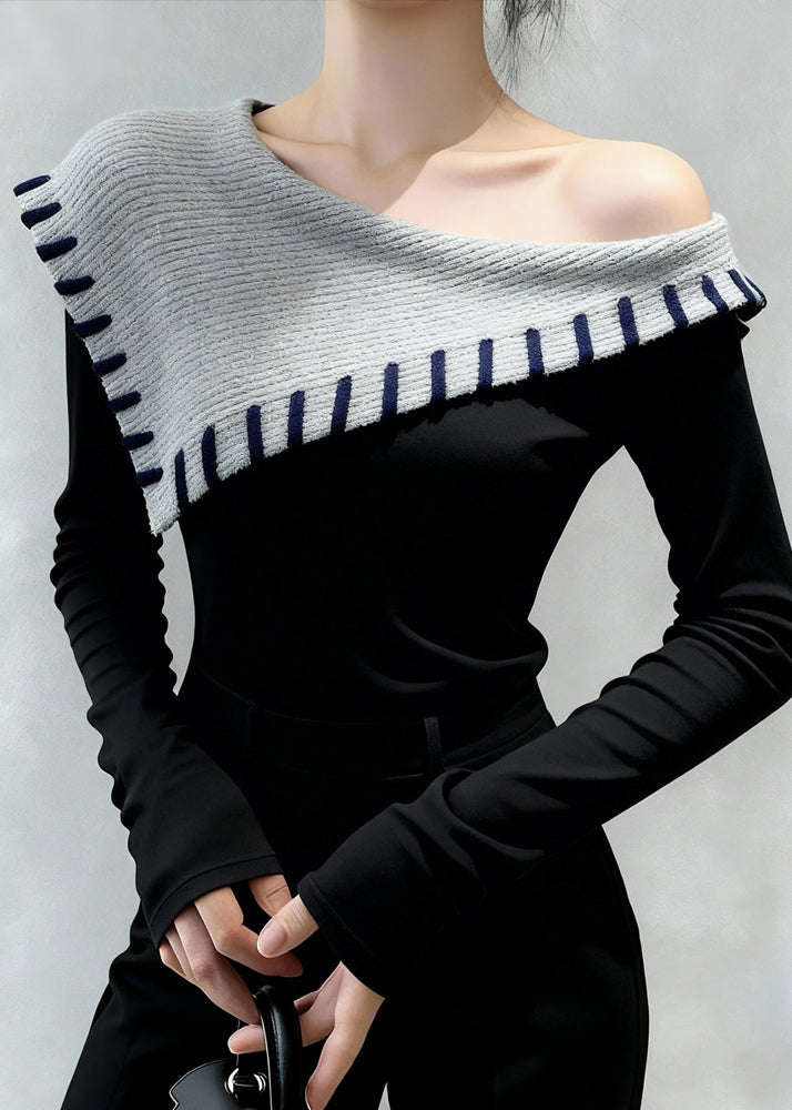 Original Design Schwarzes Fleece-Top mit kalten Schultern, schmaler Passform, Winter