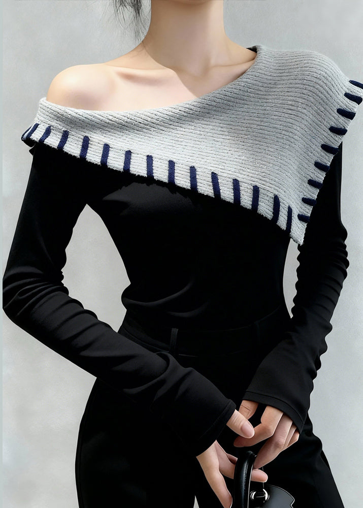 Original Design Schwarzes Fleece-Top mit kalten Schultern, schmaler Passform, Winter