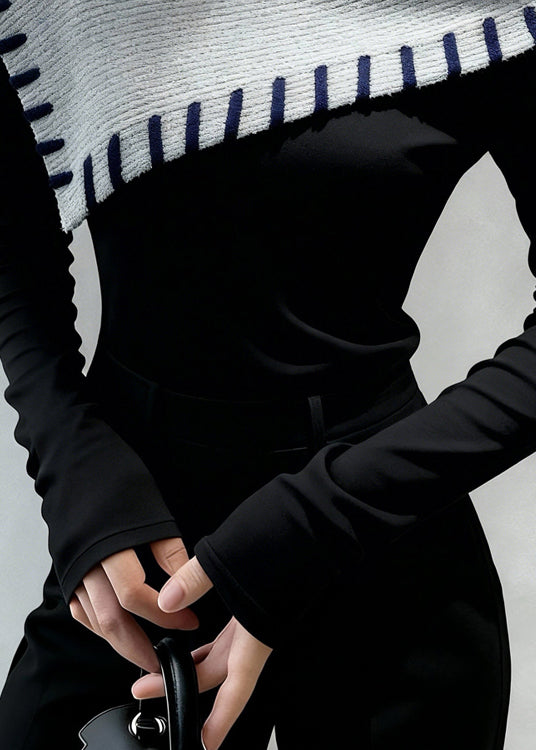 Original Design Schwarzes Fleece-Top mit kalten Schultern, schmaler Passform, Winter