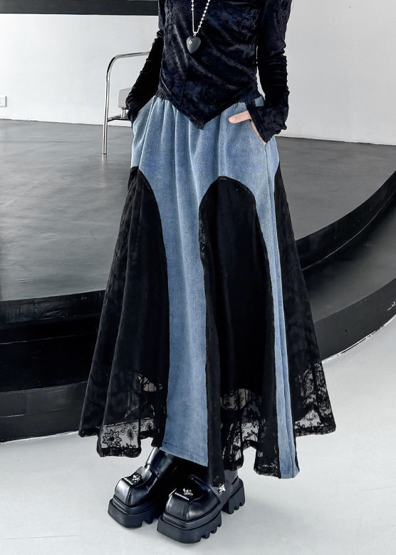 Original Design Schwarzer Jeansrock mit Kordelzug, Taschen, Spitzen-Patchwork und Frühlingsdeko aus Spitze