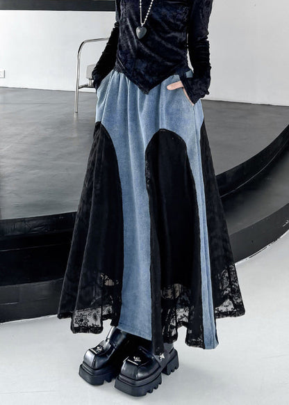 Original Design Schwarzer Jeansrock mit Kordelzug, Taschen, Spitzen-Patchwork und Frühlingsdeko aus Spitze