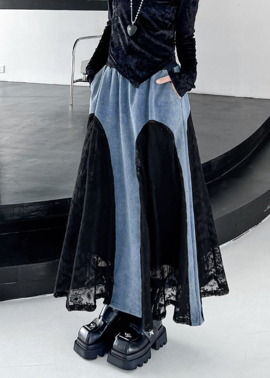 Original Design Schwarzer Jeansrock mit Kordelzug, Taschen, Spitzen-Patchwork und Frühlingsdeko aus Spitze